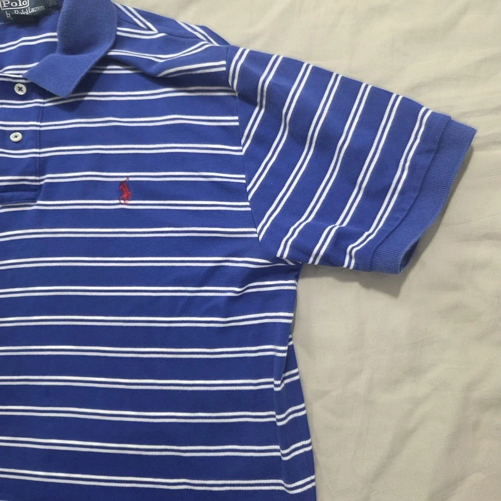 Polo Ralph Lauren Striped Polo Shirt Mens L Blue White‎ Pony Logo Short Sleeve
